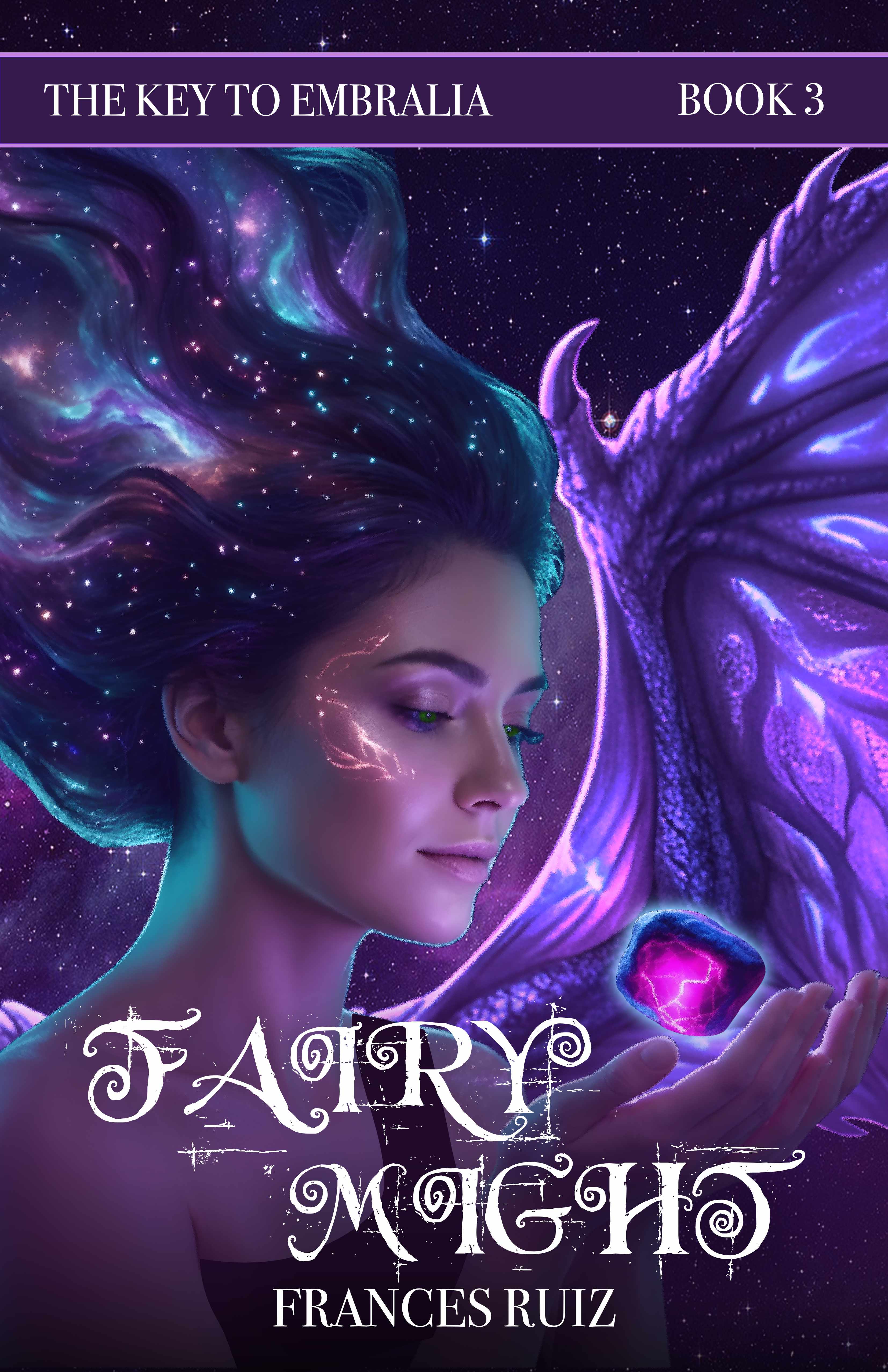 Kelly holds the memory stone in her palms and gazes down at it, with her wings unfurled and a mysterious starry sky behind her.