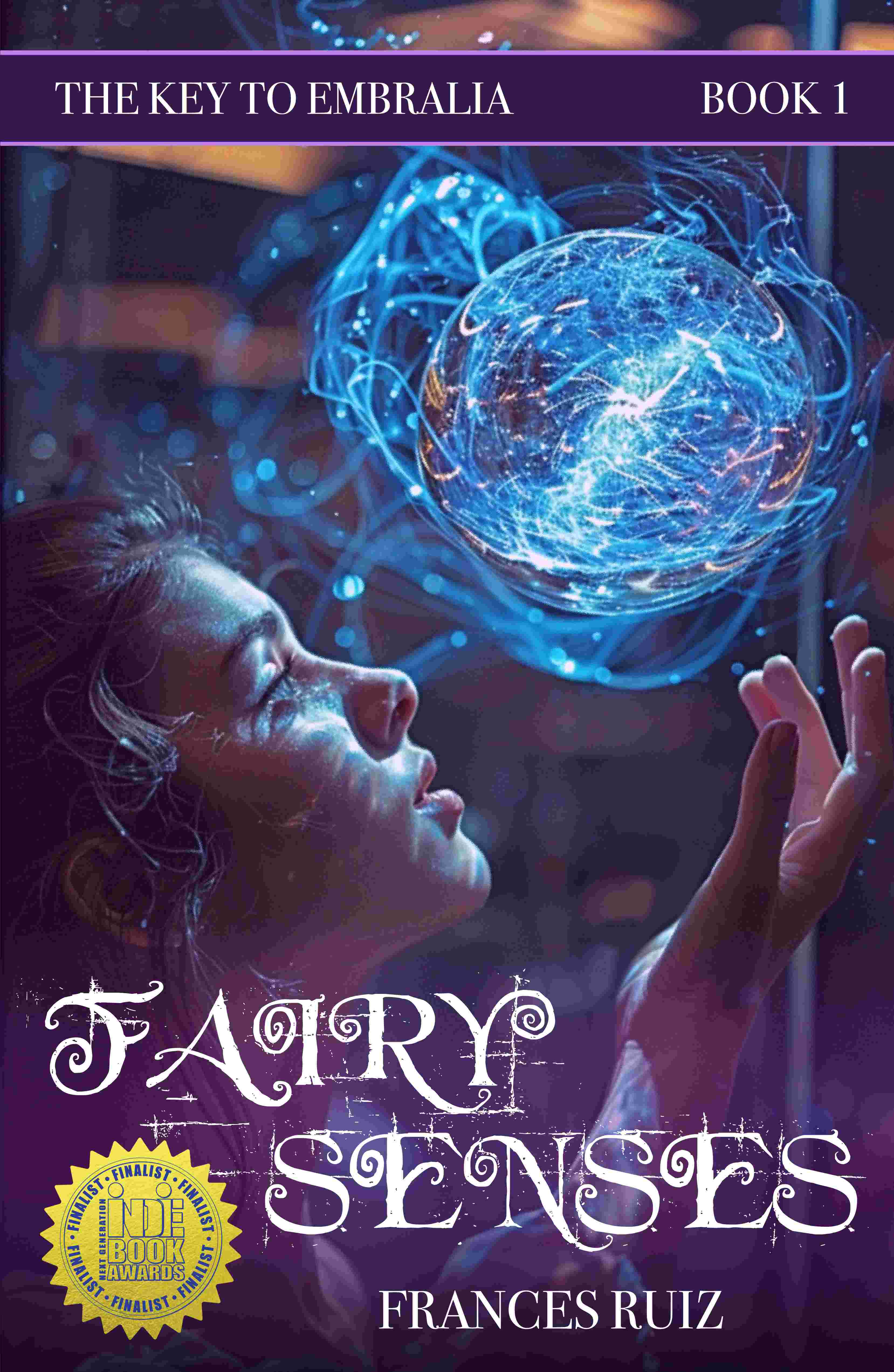 Fairy Bond Cover, a beautiful girl with stunning green eyes looks up to the sky, as a purple volcano erupts in the distance behind her.